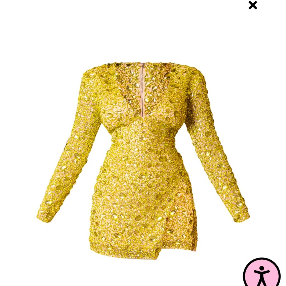 Prettylittlething lime premium embellished plunge long sleeve bodycon dress US8